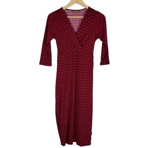 Miss Tina by Tina Knowles Red Black Chain Print Faux Wrap Midi Dress  3/4 Sleeve